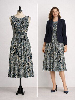 Charter Club A-line Blue & White Print Sleeveless Midi Dress, EUC, Size PP